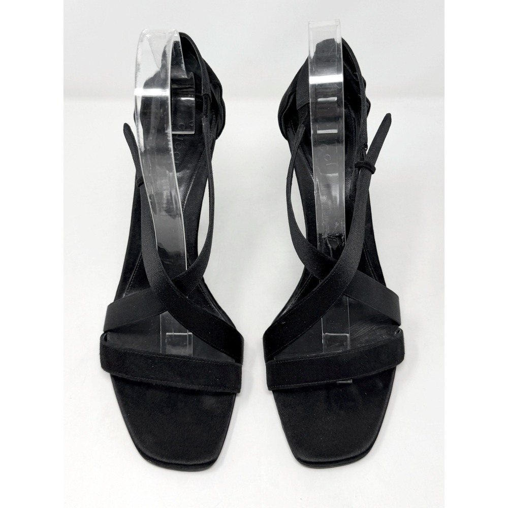 Gucci Black Strappy Heels Sandals 7.5 Satin Ankle Strap Vintage - Picture 3 of 9